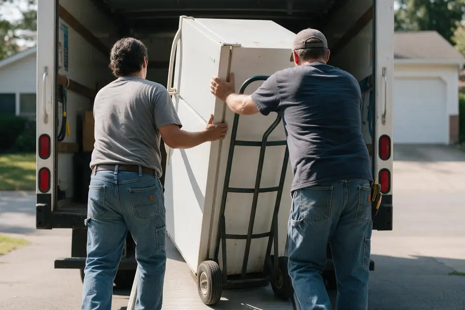 An old refrigerator being wheeled into a truck on a dolly