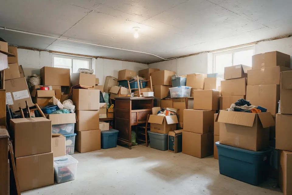 An unfinished basement crowded with boxes and old furniture
